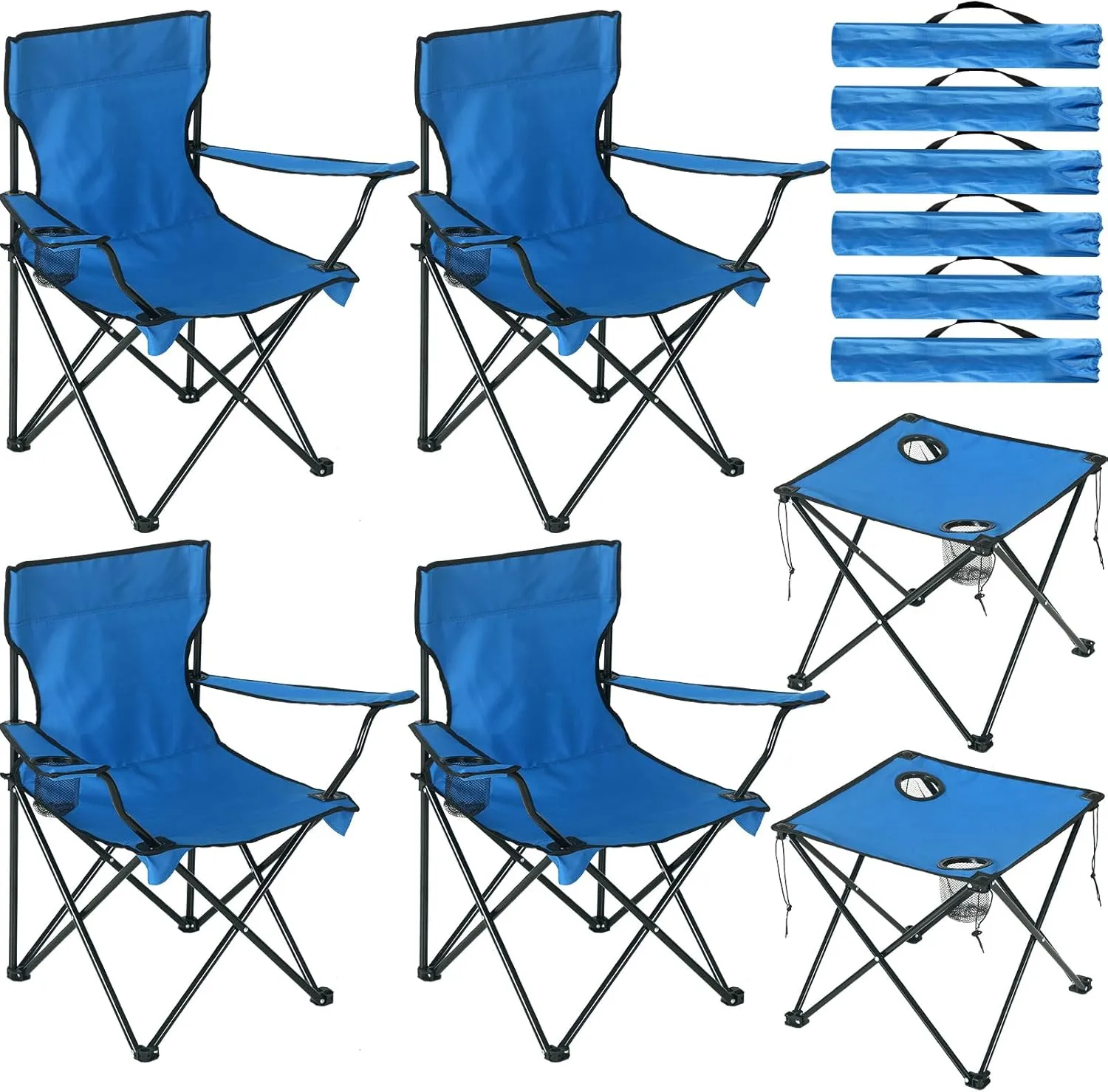 6 Pcs Camping Chairs with Table Heavy Duty Folding Chairs for Outside Camping Table Lawn Foldable Chair with Cup Holders Storage Bags Portable Sports Chairs for Adult Outdoor Travel (Blue)