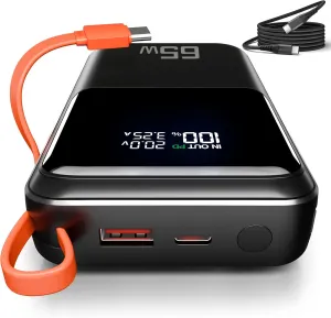 65W Power Bank 27,000mAh Portable Charger(99.9Wh) - Built-in USB-C/Lightning Cables with Smart Display, 3-Port PD Fast Charging, Airplane Safe Battery Pack for iPhone 16,MacBook,Laptops,Steam Deck