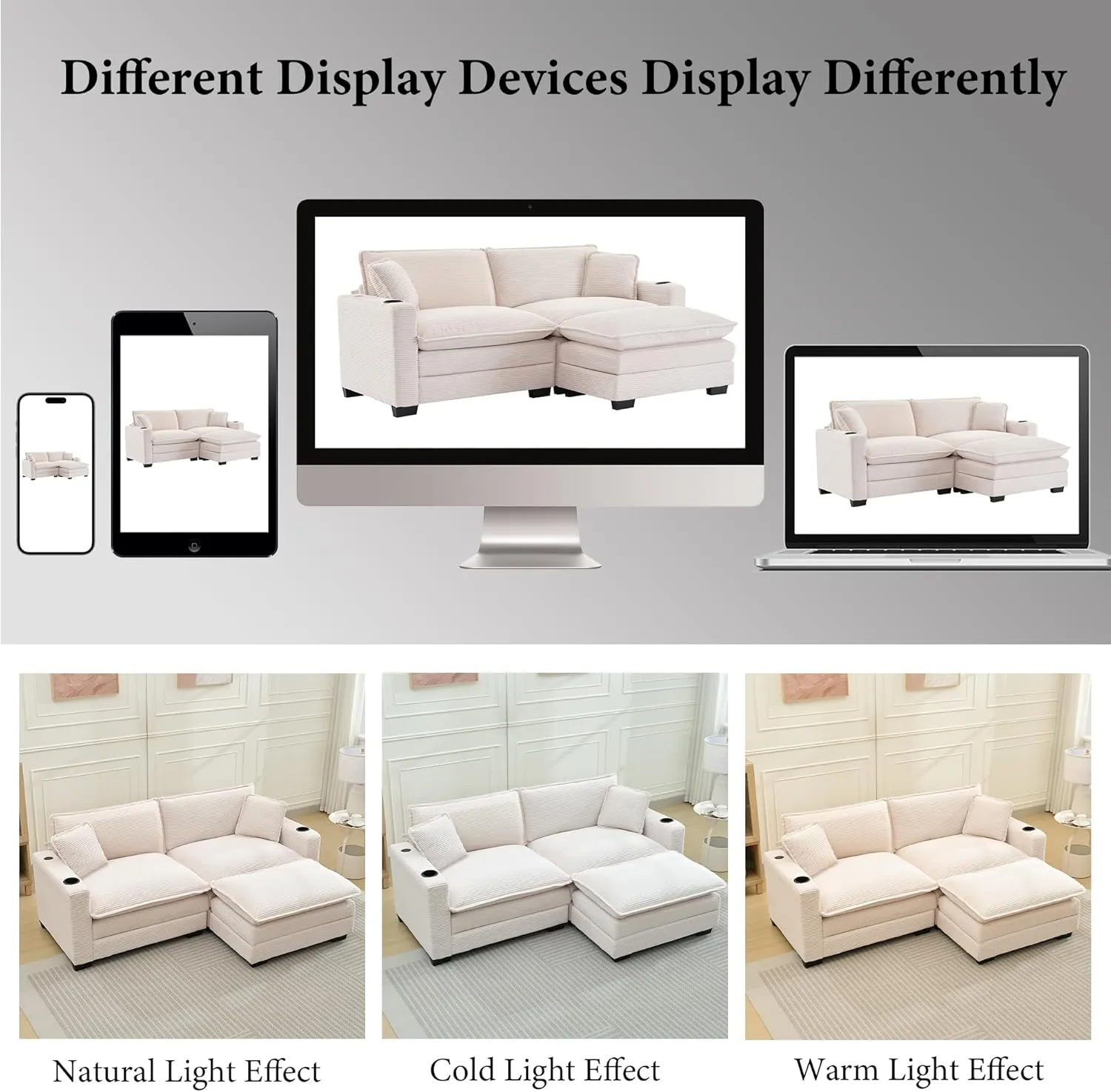 82.7" L Shaped Sectional Sofa with Cup Holders & USB Ports, Modern Loveseat Cloud Couch with Ottoman for Living Room, Apartment, Small Spaces, Beige Corduroy