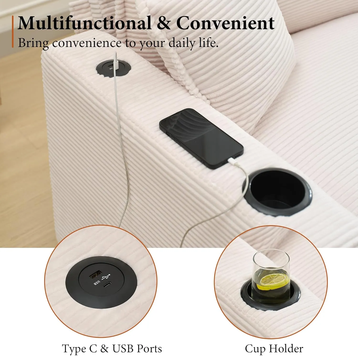 82.7" L Shaped Sectional Sofa with Cup Holders & USB Ports, Modern Loveseat Cloud Couch with Ottoman for Living Room, Apartment, Small Spaces, Beige Corduroy