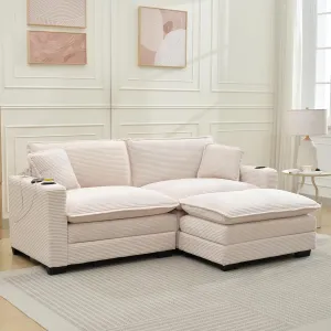 82.7" L Shaped Sectional Sofa with Cup Holders & USB Ports, Modern Loveseat Cloud Couch with Ottoman for Living Room, Apartment, Small Spaces, Beige Corduroy