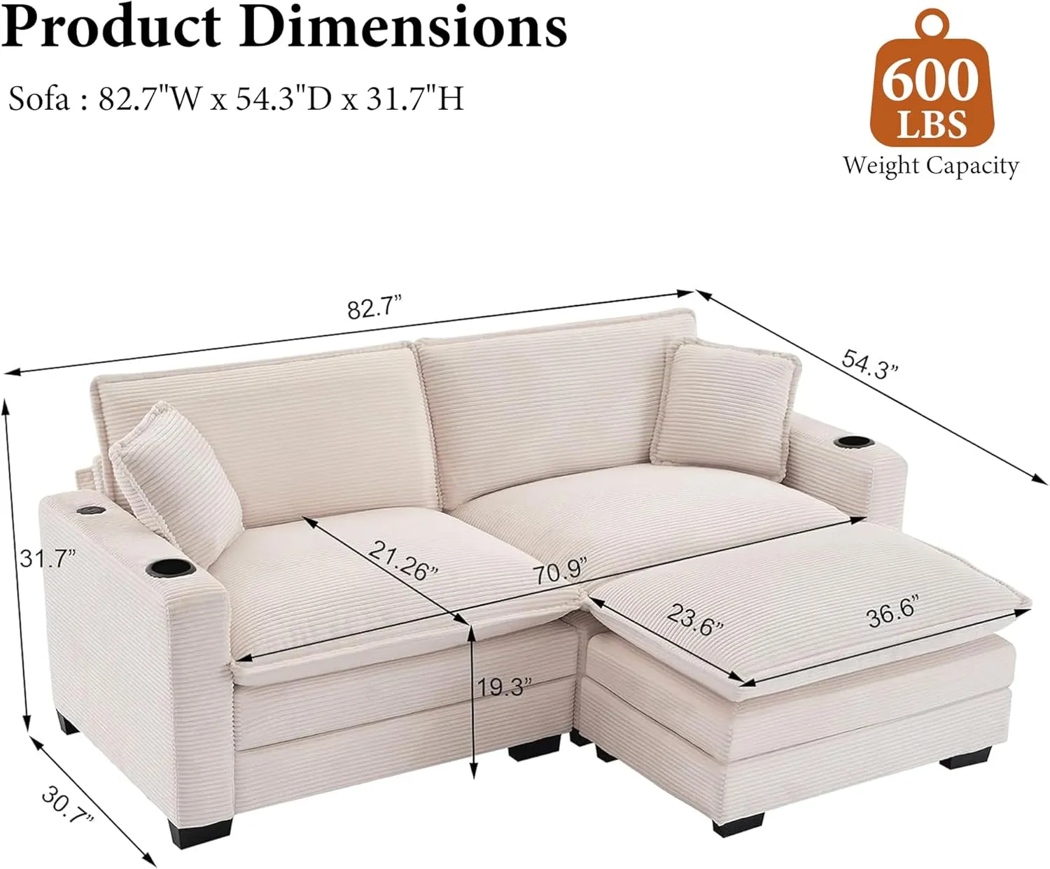 82.7" L Shaped Sectional Sofa with Cup Holders & USB Ports, Modern Loveseat Cloud Couch with Ottoman for Living Room, Apartment, Small Spaces, Beige Corduroy