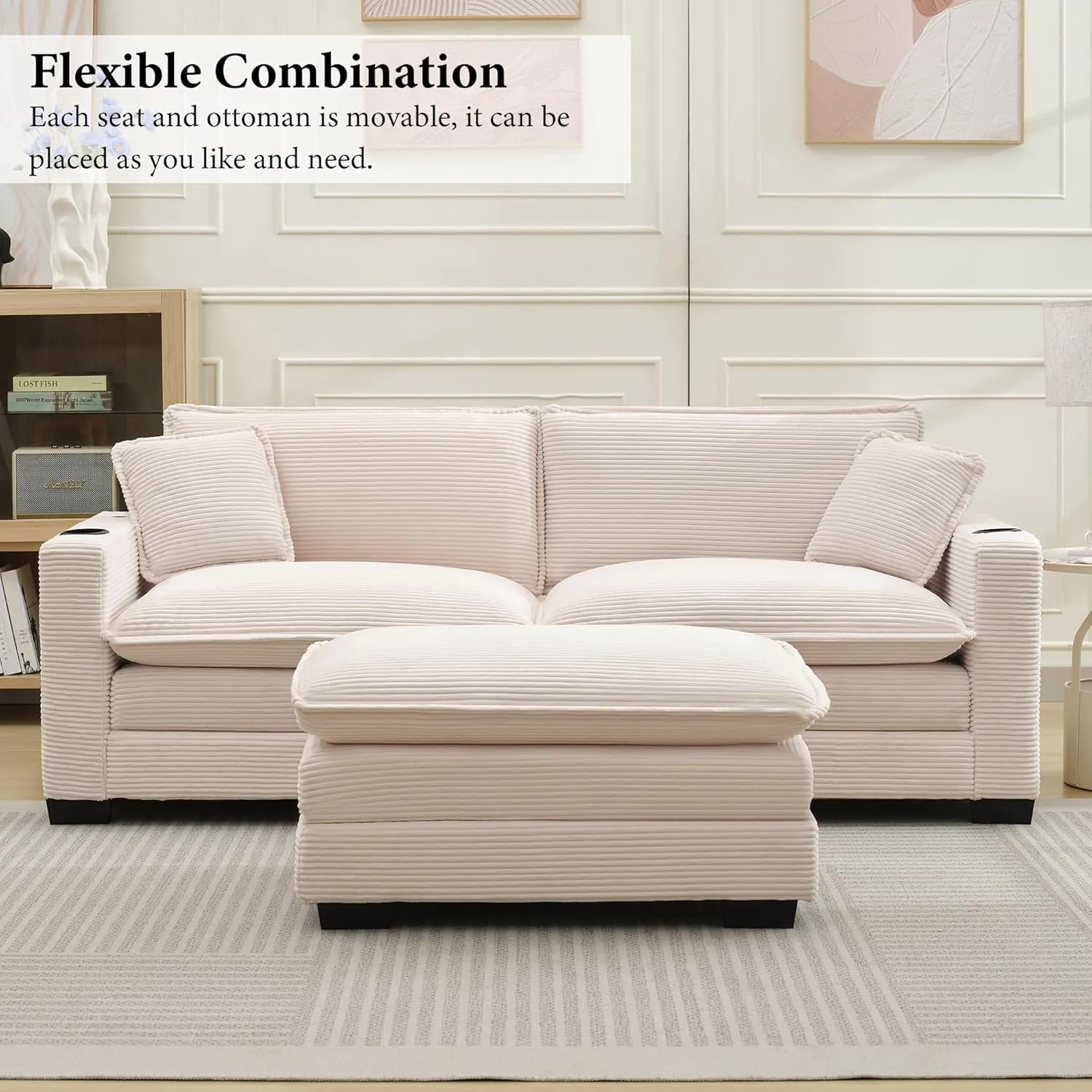 82.7" L Shaped Sectional Sofa with Cup Holders & USB Ports, Modern Loveseat Cloud Couch with Ottoman for Living Room, Apartment, Small Spaces, Beige Corduroy