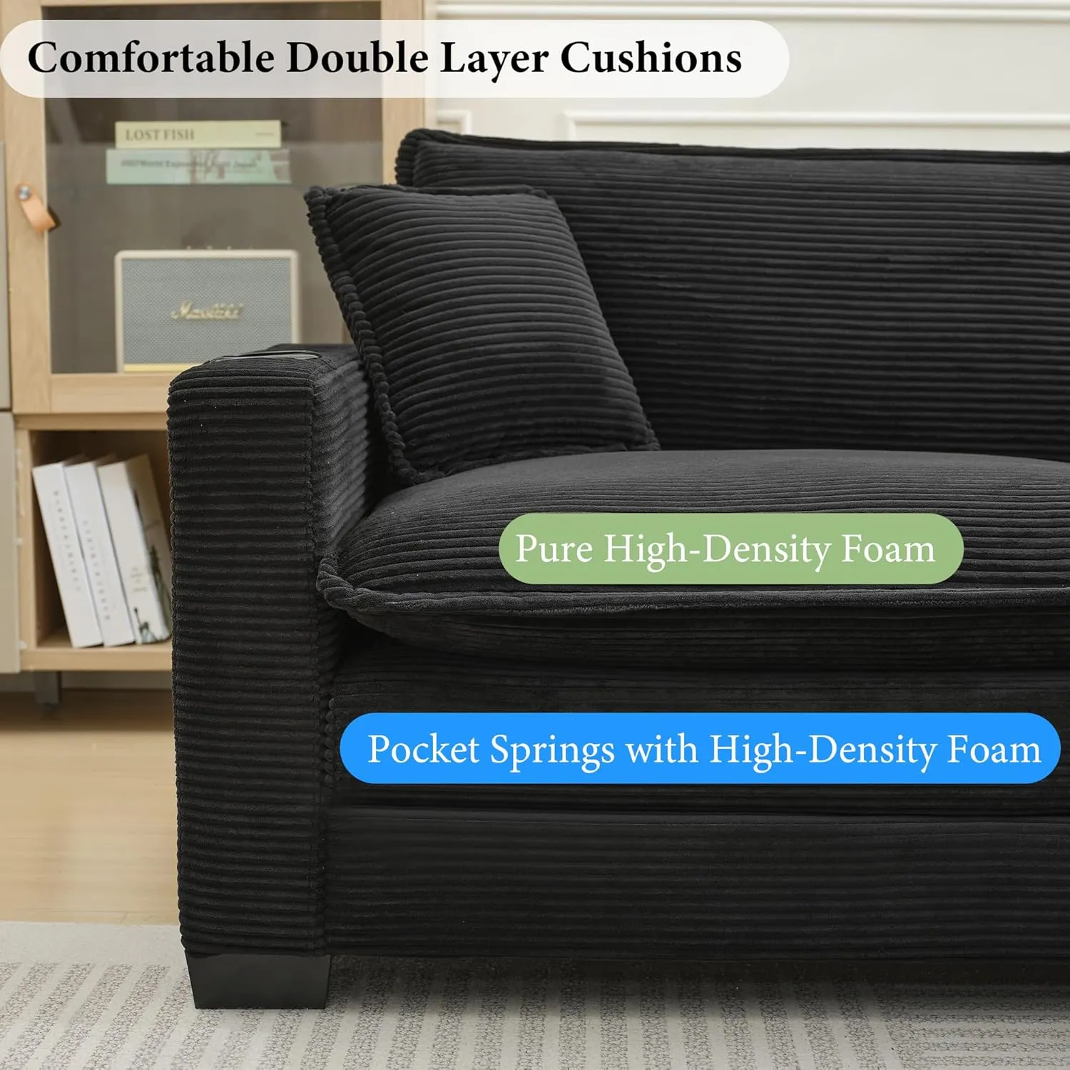 82.7" L Shaped Sectional Sofa with Cup Holders & USB Ports, Modern Loveseat Cloud Couch with Ottoman for Living Room, Apartment, Small Spaces, Black Corduroy