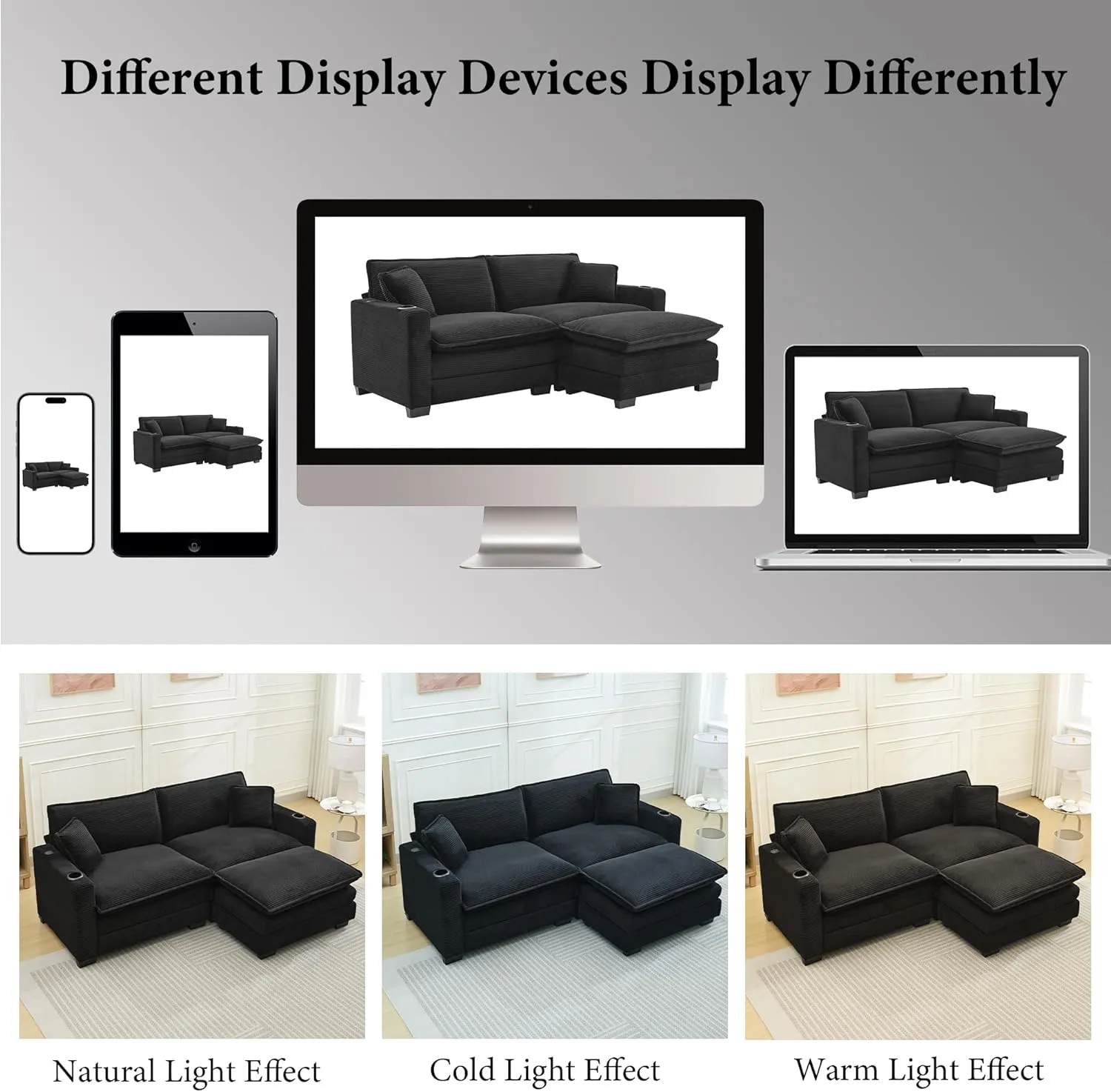 82.7" L Shaped Sectional Sofa with Cup Holders & USB Ports, Modern Loveseat Cloud Couch with Ottoman for Living Room, Apartment, Small Spaces, Black Corduroy