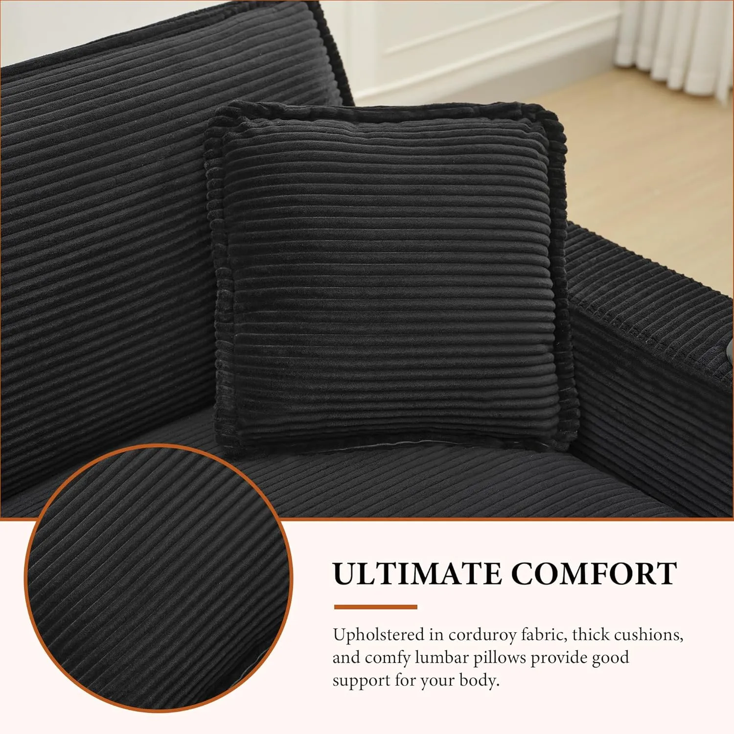 82.7" L Shaped Sectional Sofa with Cup Holders & USB Ports, Modern Loveseat Cloud Couch with Ottoman for Living Room, Apartment, Small Spaces, Black Corduroy