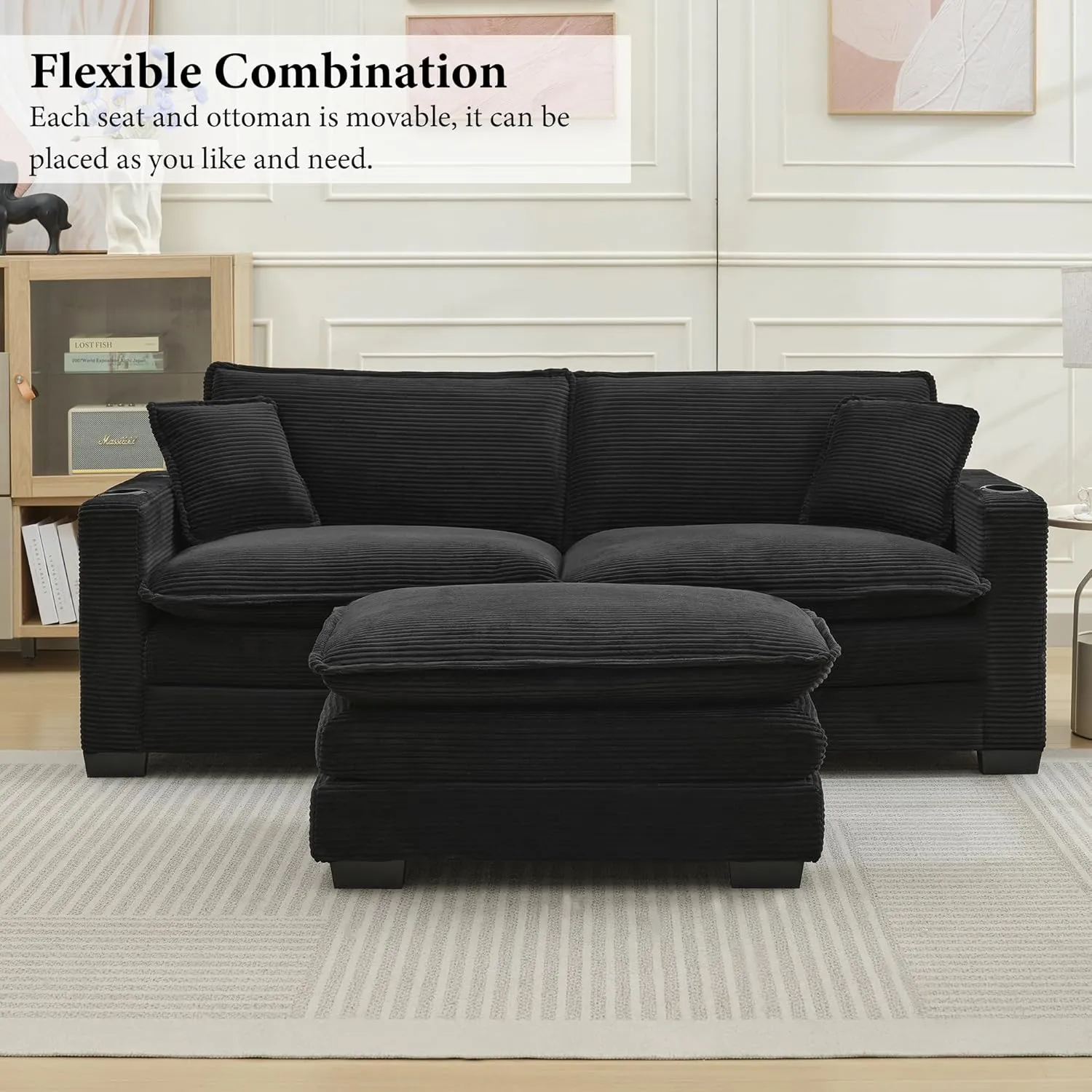 82.7" L Shaped Sectional Sofa with Cup Holders & USB Ports, Modern Loveseat Cloud Couch with Ottoman for Living Room, Apartment, Small Spaces, Black Corduroy