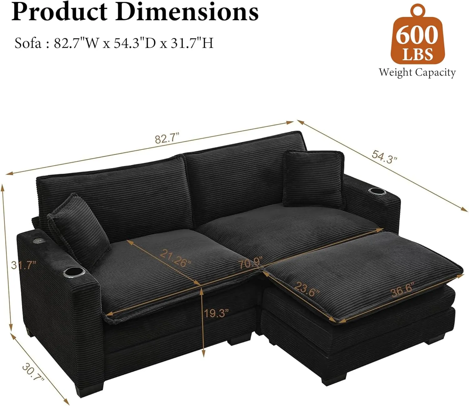 82.7" L Shaped Sectional Sofa with Cup Holders & USB Ports, Modern Loveseat Cloud Couch with Ottoman for Living Room, Apartment, Small Spaces, Black Corduroy