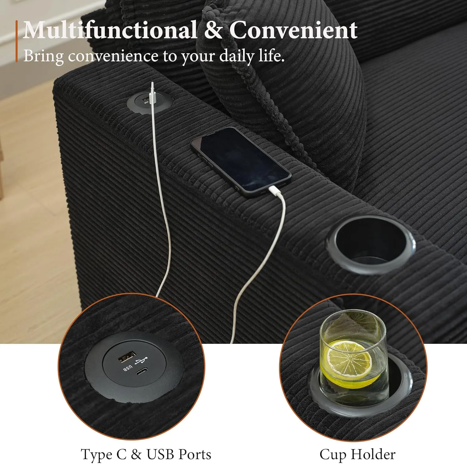 82.7" L Shaped Sectional Sofa with Cup Holders & USB Ports, Modern Loveseat Cloud Couch with Ottoman for Living Room, Apartment, Small Spaces, Black Corduroy