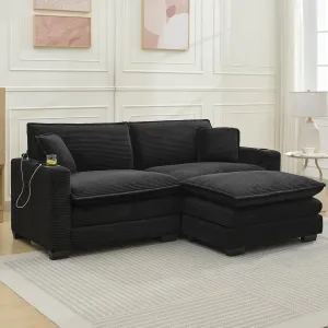 82.7" L Shaped Sectional Sofa with Cup Holders & USB Ports, Modern Loveseat Cloud Couch with Ottoman for Living Room, Apartment, Small Spaces, Black Corduroy