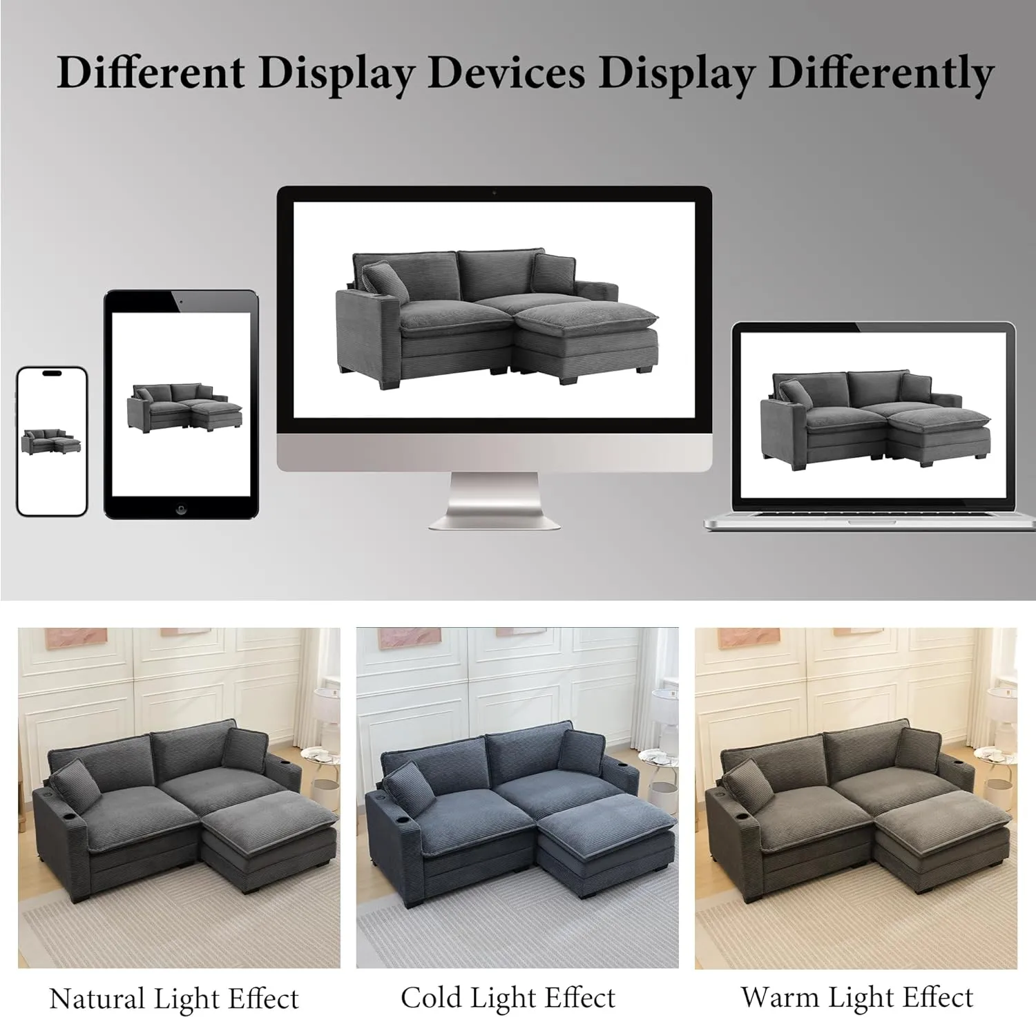 82.7" L Shaped Sectional Sofa with Cup Holders & USB Ports, Modern Loveseat Cloud Couch with Ottoman for Living Room, Apartment, Small Spaces, Grey Corduroy