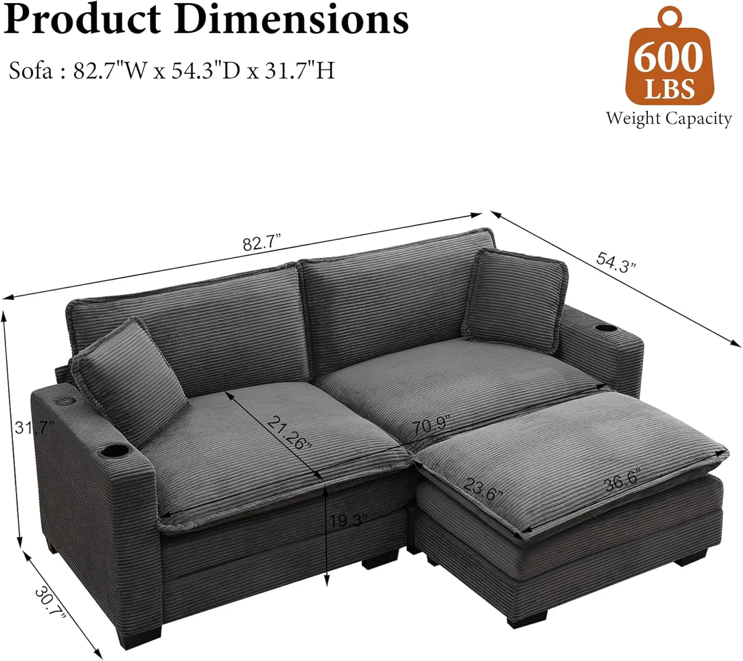 82.7" L Shaped Sectional Sofa with Cup Holders & USB Ports, Modern Loveseat Cloud Couch with Ottoman for Living Room, Apartment, Small Spaces, Grey Corduroy