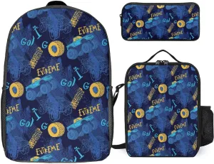 Abstract Cars Pattern Backpack with Lunch Box And Pencil Case Set Grunge Car Trace Travel Daypack Bookbag for Men Women Laptop Backpack 3pcs