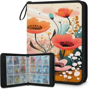 Abstract Flower 3 Ring Trading Zipper Binder Strap, Trading Card Binder 4 Pocket, 400 Pockets Card Holder with 50 Removable Sleeves for Game Cards
