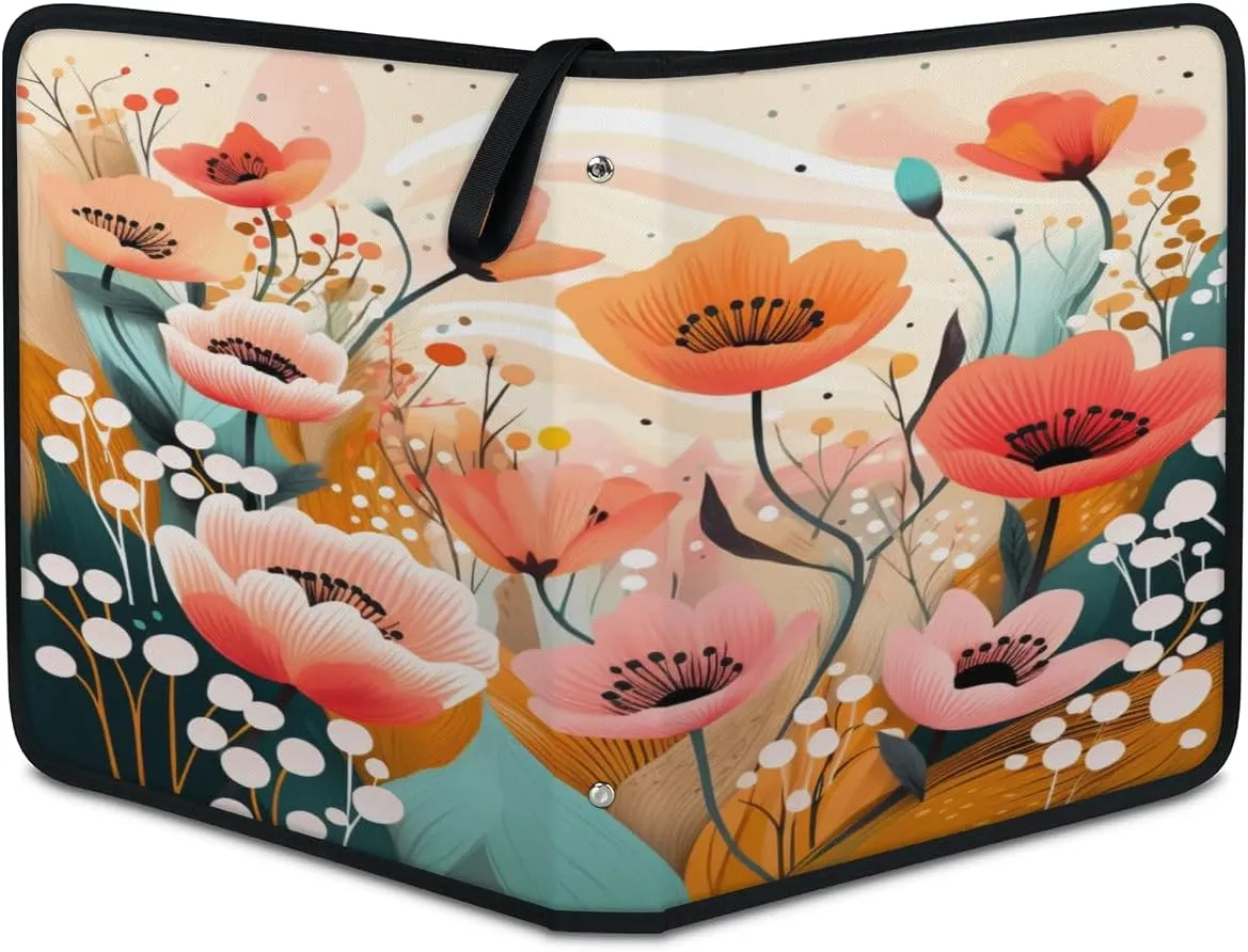 Abstract Flower 3 Ring Trading Zipper Binder Strap, Trading Card Binder 4 Pocket, 400 Pockets Card Holder with 50 Removable Sleeves for Game Cards