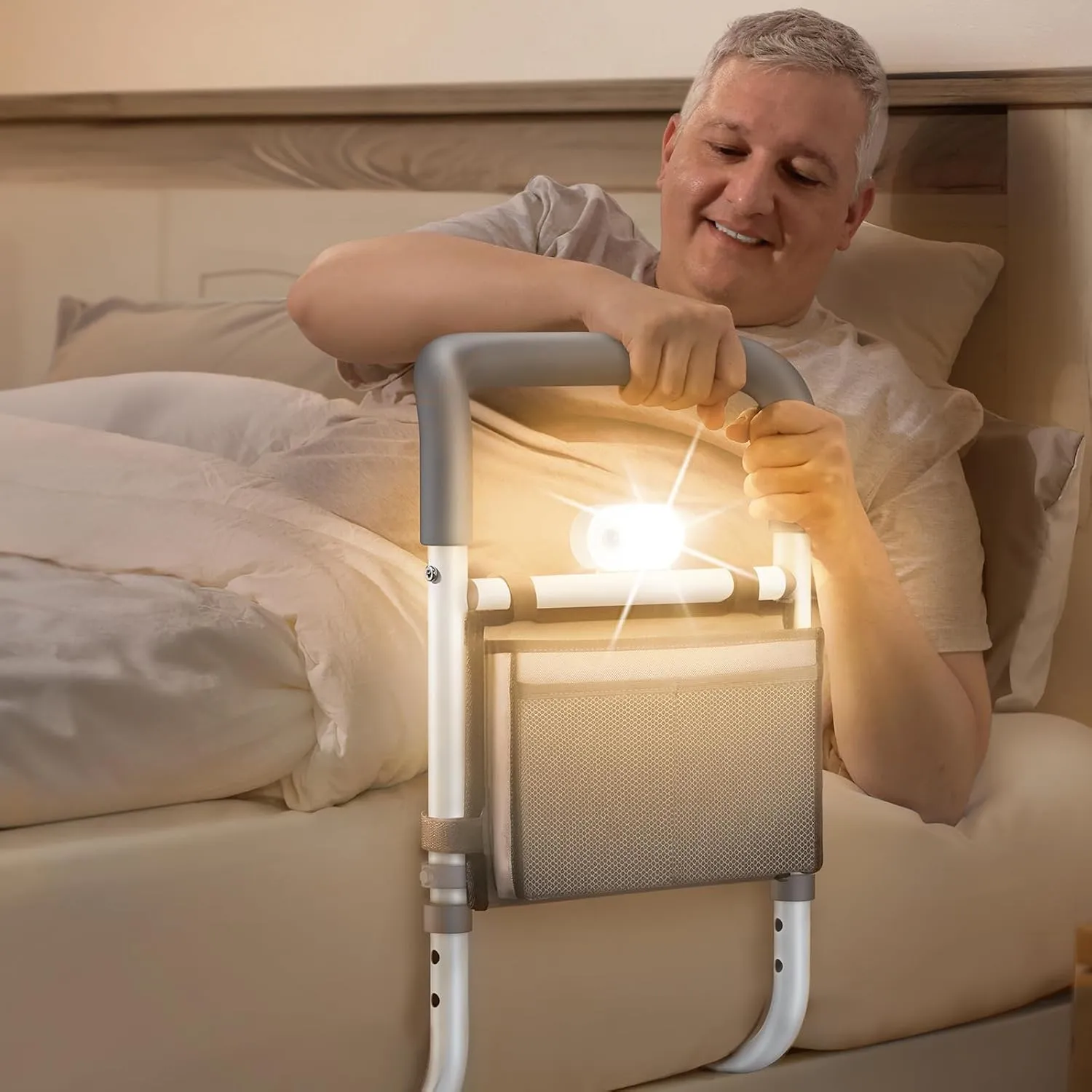 Adjustable Bed Rails for Elderly Adults Safety with Night Light & Bag, Bed Assist Rails for Seniors with Sturdy Double Crossbar Protects Seniors from Falling, FSA/HSA Eligible, Tool-Free