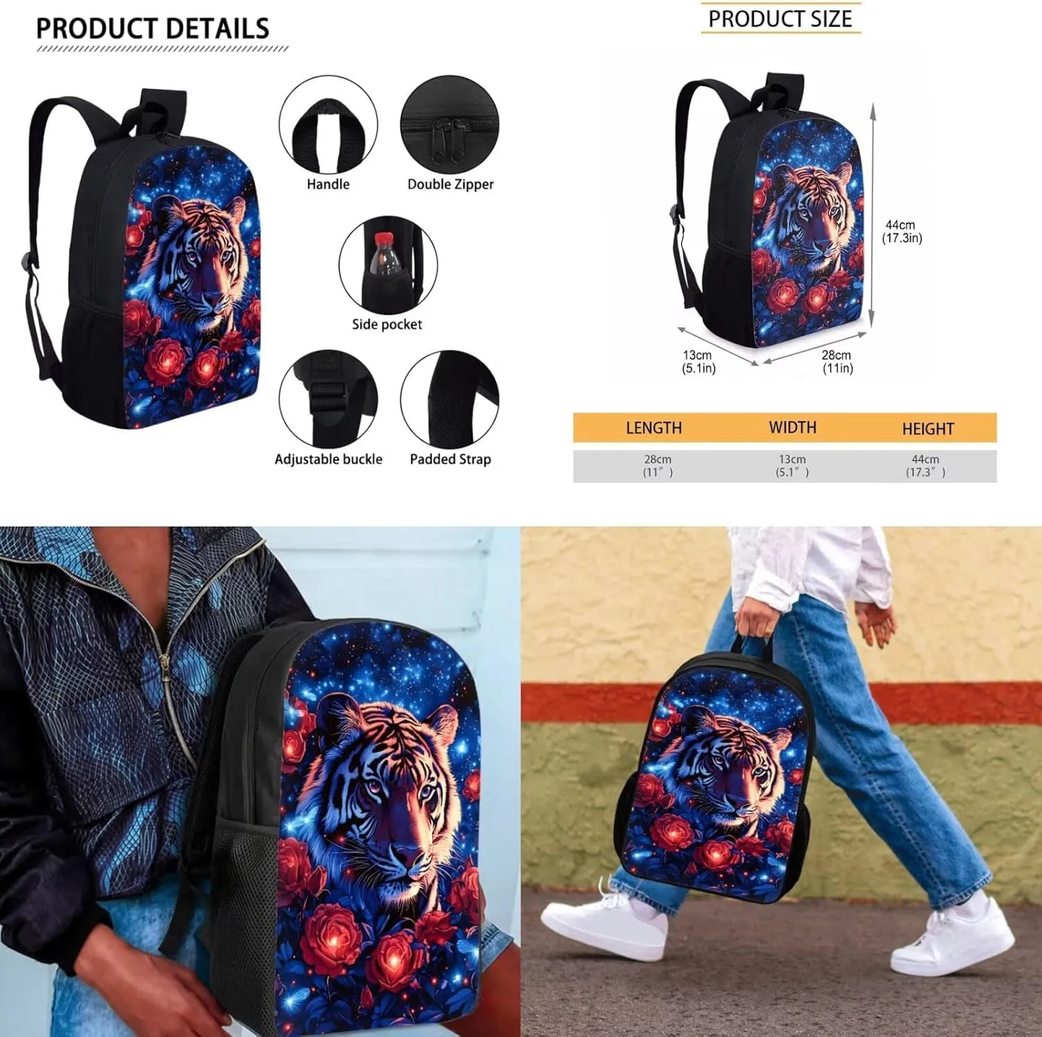 Aesthetic Tiger Backpack for Kids Girls Backpack with Lunch Box Soft Pencil Pouch and Key Wristlet 4 Pcs Set 17" Lightweight Bookbag with Side Pockets for School Sturdy Elementary School Bag