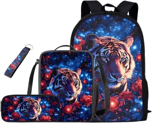 Aesthetic Tiger Backpack for Kids Girls Backpack with Lunch Box Soft Pencil Pouch and Key Wristlet 4 Pcs Set 17" Lightweight Bookbag with Side Pockets for School Sturdy Elementary School Bag