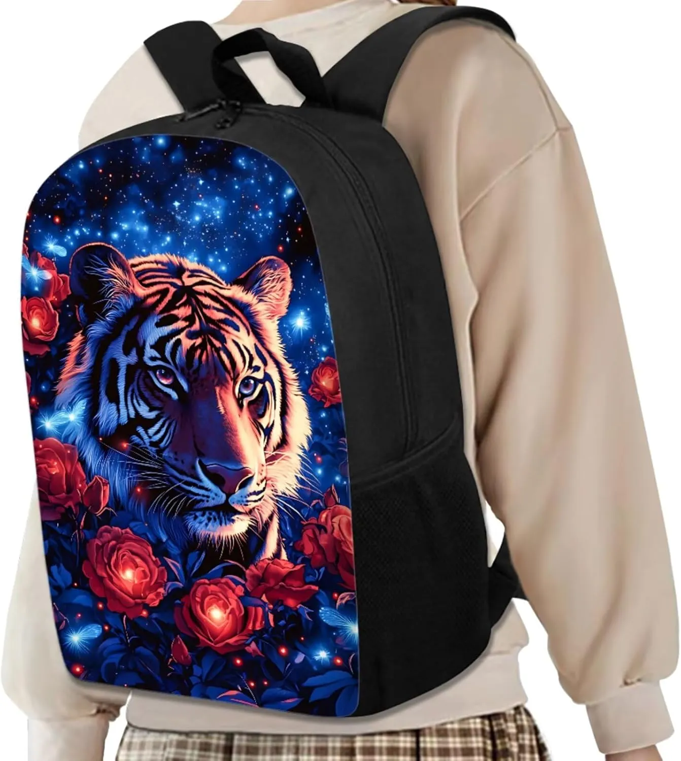 Aesthetic Tiger Backpack for Kids Girls Backpack with Lunch Box Soft Pencil Pouch and Key Wristlet 4 Pcs Set 17" Lightweight Bookbag with Side Pockets for School Sturdy Elementary School Bag