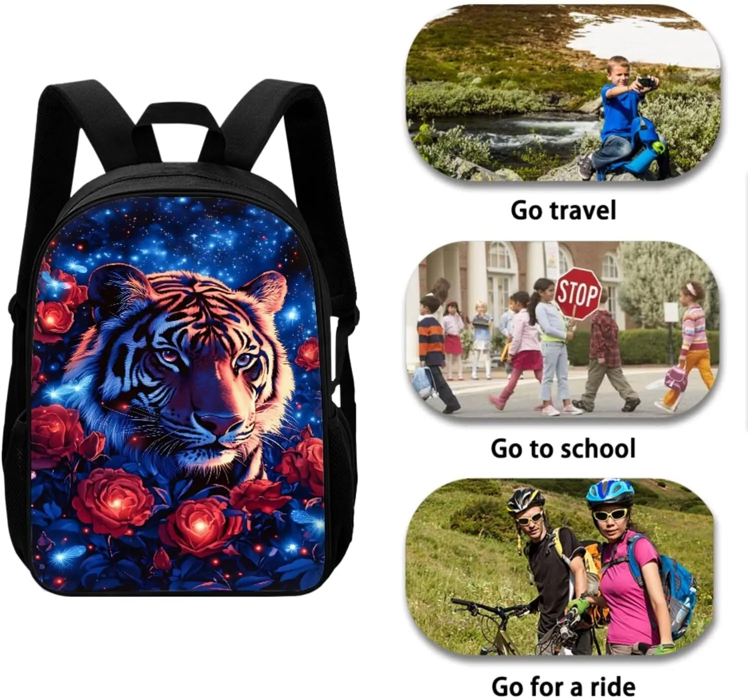 Aesthetic Tiger Backpack for Kids Girls Backpack with Lunch Box Soft Pencil Pouch and Key Wristlet 4 Pcs Set 17" Lightweight Bookbag with Side Pockets for School Sturdy Elementary School Bag