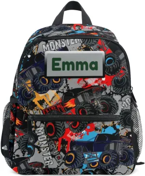 Aflyko Custom Name Cartoon Cool Monster Tractor Kids Backpack Personalized Daycare Bookbag Kindergarten Daypack for Toddler Girls Boys 10" × 4" × 12"