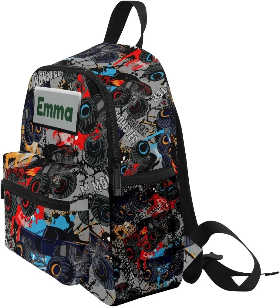 Aflyko Custom Name Cartoon Cool Monster Tractor Kids Backpack Personalized Daycare Bookbag Kindergarten Daypack for Toddler Girls Boys 10" × 4" × 12"