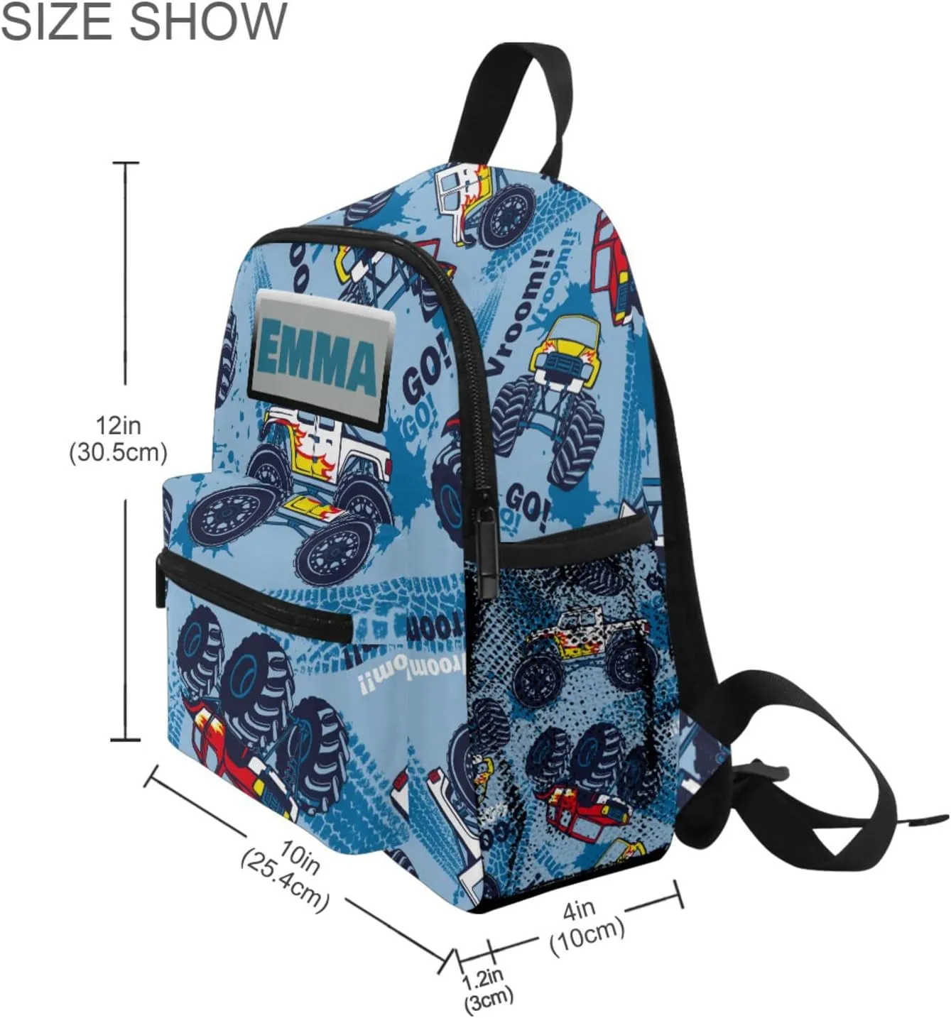 Aflyko Custom Name Kids Backpack Blue Monster Truck Personalized Daycare Bookbag Kindergarten Daypack for Toddler Girls Boys 10" × 4" × 12"