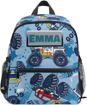 Aflyko Custom Name Kids Backpack Blue Monster Truck Personalized Daycare Bookbag Kindergarten Daypack for Toddler Girls Boys 10" × 4" × 12"