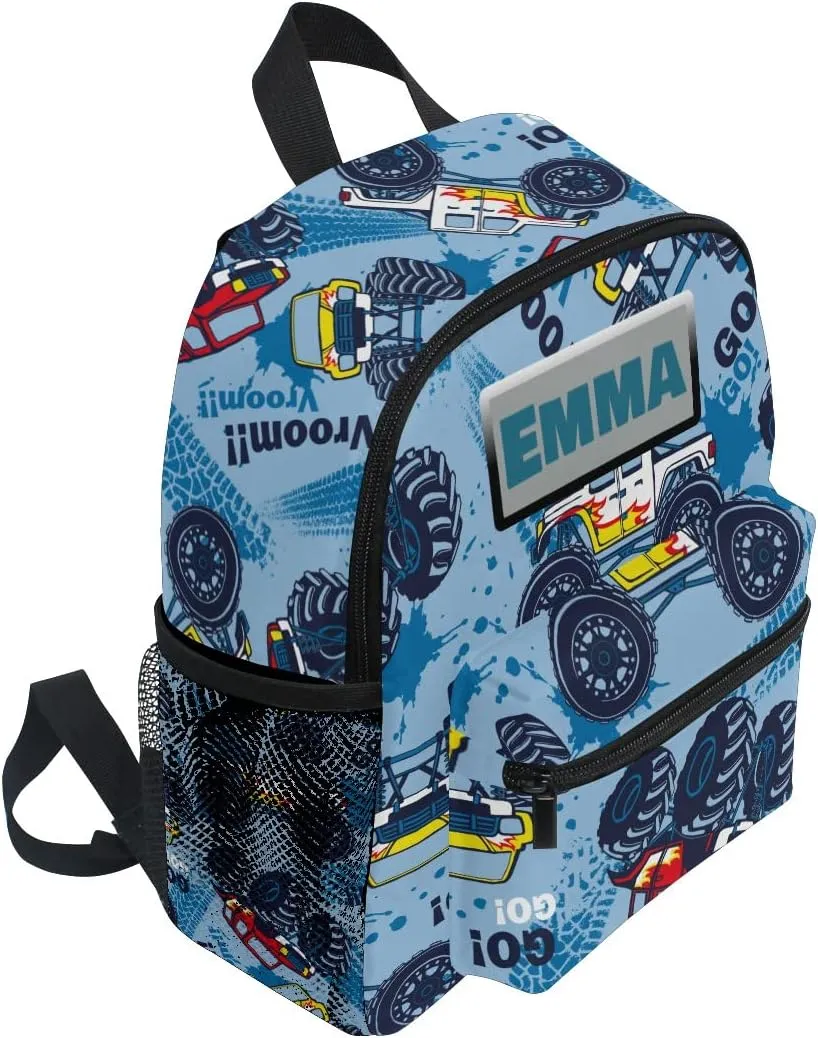 Aflyko Custom Name Kids Backpack Blue Monster Truck Personalized Daycare Bookbag Kindergarten Daypack for Toddler Girls Boys 10" × 4" × 12"