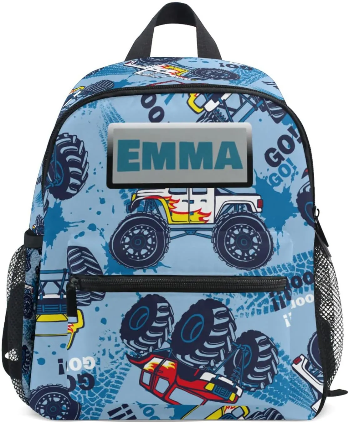 Aflyko Custom Name Kids Backpack Blue Monster Truck Personalized Daycare Bookbag Kindergarten Daypack for Toddler Girls Boys 10" × 4" × 12"