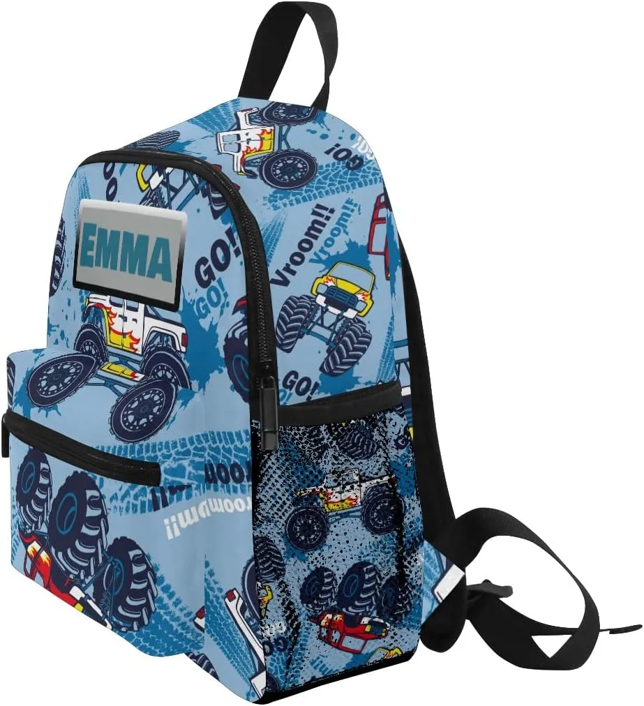 Aflyko Custom Name Kids Backpack Blue Monster Truck Personalized Daycare Bookbag Kindergarten Daypack for Toddler Girls Boys 10" × 4" × 12"