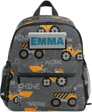 Aflyko Custom Name Kids Backpack Construction Machine Truck Personalized Daycare Bookbag Kindergarten Daypack for Toddler Girls Boys 10" × 4" × 12"