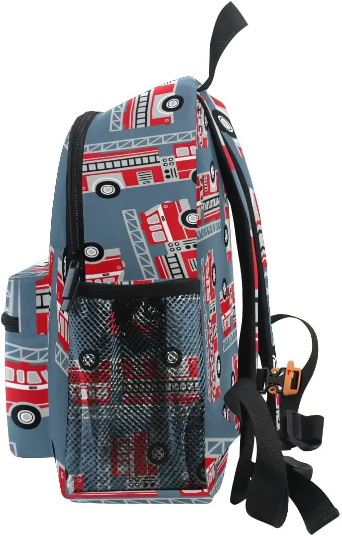 Aflyko Custom Name Kids Backpack Red Fire Engine Trucks Personalized Daycare Nursery Bookbag Kindergarten Daypack for Toddler Girls Boys Travel Bag 10" × 4" × 12"