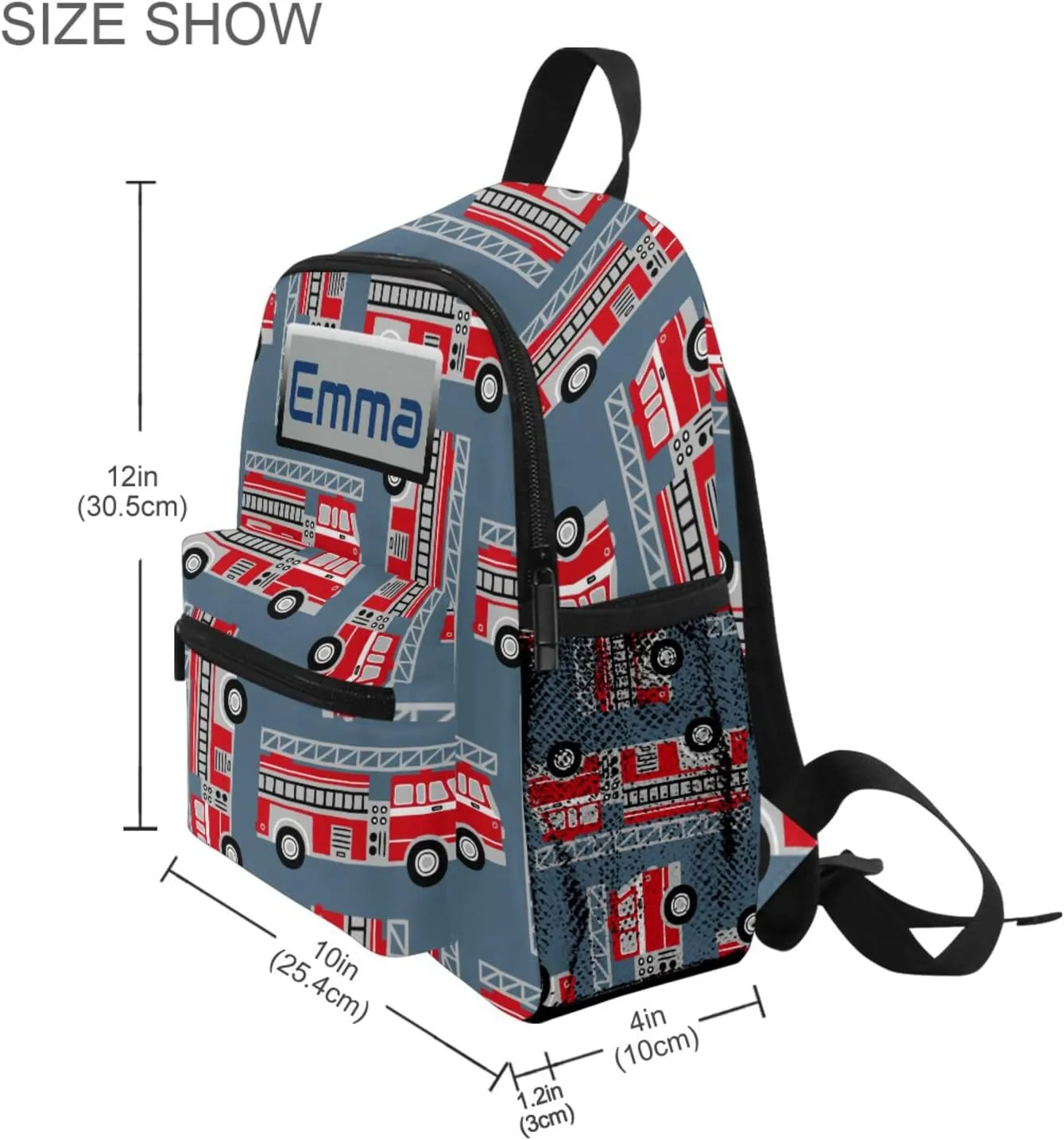 Aflyko Custom Name Kids Backpack Red Fire Engine Trucks Personalized Daycare Nursery Bookbag Kindergarten Daypack for Toddler Girls Boys Travel Bag 10" × 4" × 12"