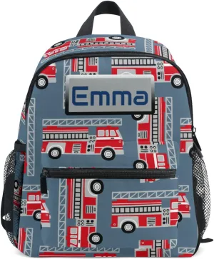 Aflyko Custom Name Kids Backpack Red Fire Engine Trucks Personalized Daycare Nursery Bookbag Kindergarten Daypack for Toddler Girls Boys Travel Bag 10" × 4" × 12"
