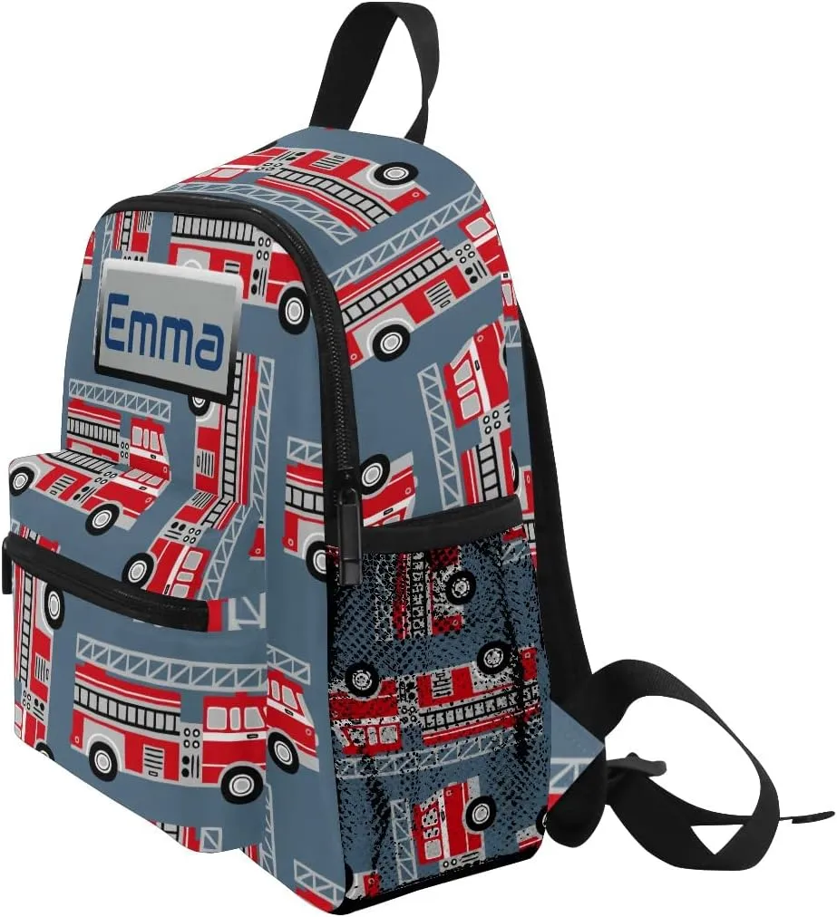 Aflyko Custom Name Kids Backpack Red Fire Engine Trucks Personalized Daycare Nursery Bookbag Kindergarten Daypack for Toddler Girls Boys Travel Bag 10" × 4" × 12"