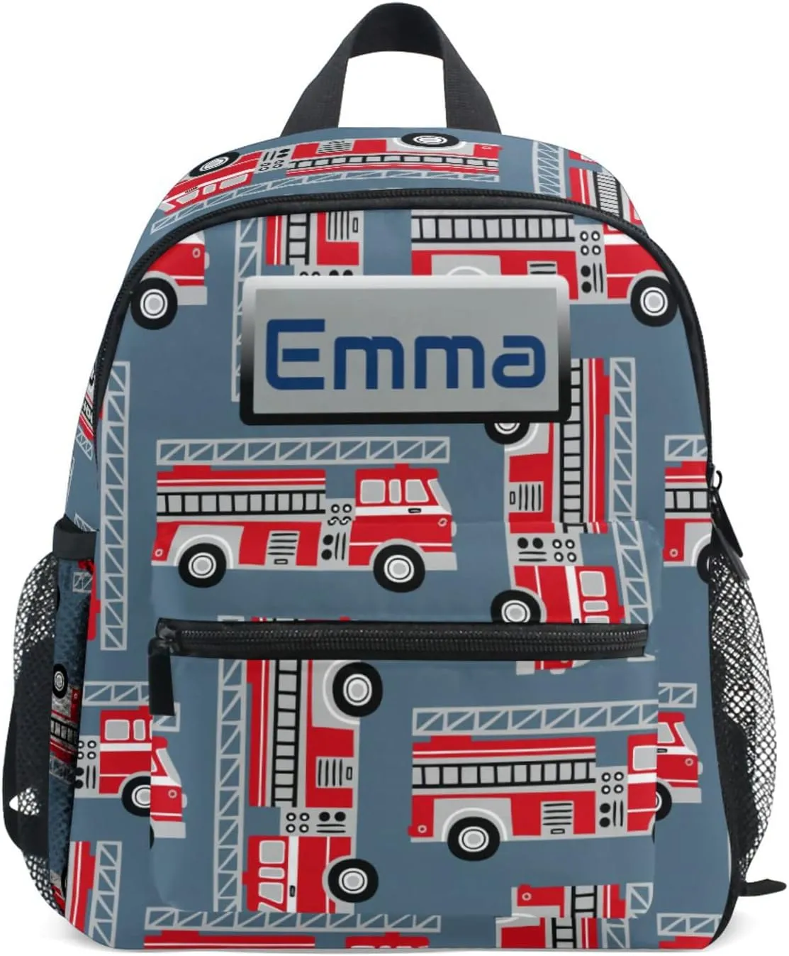 Aflyko Custom Name Kids Backpack Red Fire Engine Trucks Personalized Daycare Nursery Bookbag Kindergarten Daypack for Toddler Girls Boys Travel Bag 10" × 4" × 12"