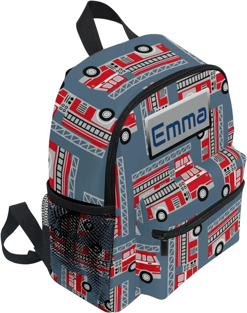 Aflyko Custom Name Kids Backpack Red Fire Engine Trucks Personalized Daycare Nursery Bookbag Kindergarten Daypack for Toddler Girls Boys Travel Bag 10" × 4" × 12"
