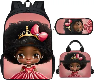 African Princessc Girls Backpack Set 3 in1,Back to School Backpack with Lunch Box Elementary Middle School Bag Afro Girl Bookbag Teen Girls Schoolbag Lunch Bag Pencil Case