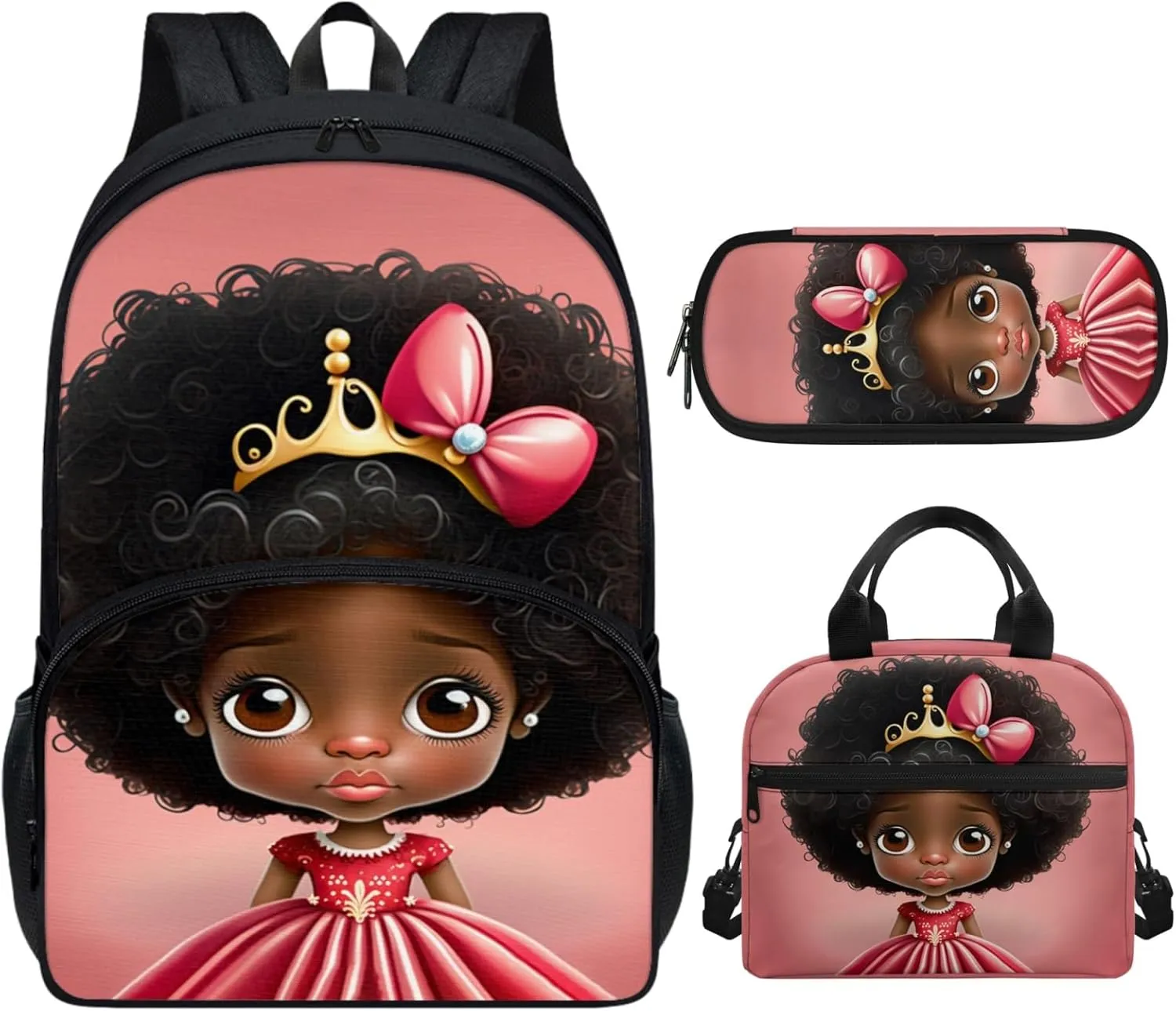 African Princessc Girls Backpack Set 3 in1,Back to School Backpack with Lunch Box Elementary Middle School Bag Afro Girl Bookbag Teen Girls Schoolbag Lunch Bag Pencil Case