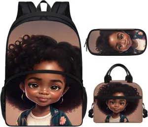 Afro Girls School Backapck Age 9-10,13-15,Kids Backpacks with Lunch Box African Girl Book Bags Elementary Middle School Bags Lunch Bag Pencil Case Beige
