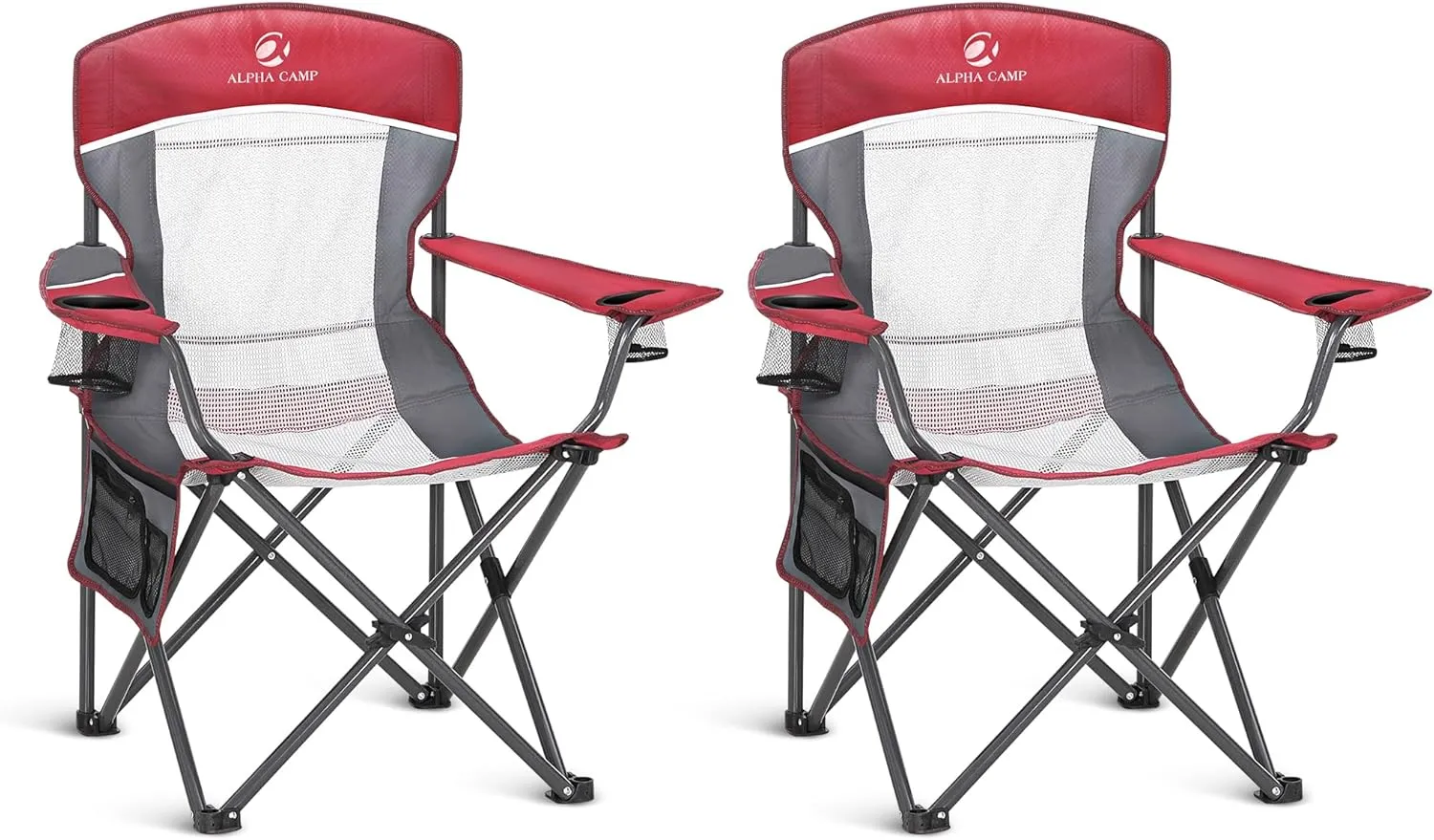 ALPHA CAMP 2PC Oversized Mesh Back Camping Folding Chair Heavy Duty Support 350 LBS Collapsible Steel Frame Quad Chair Padded Arm Chair with Cup Holder Portable for Outdoor (Red-2PC)