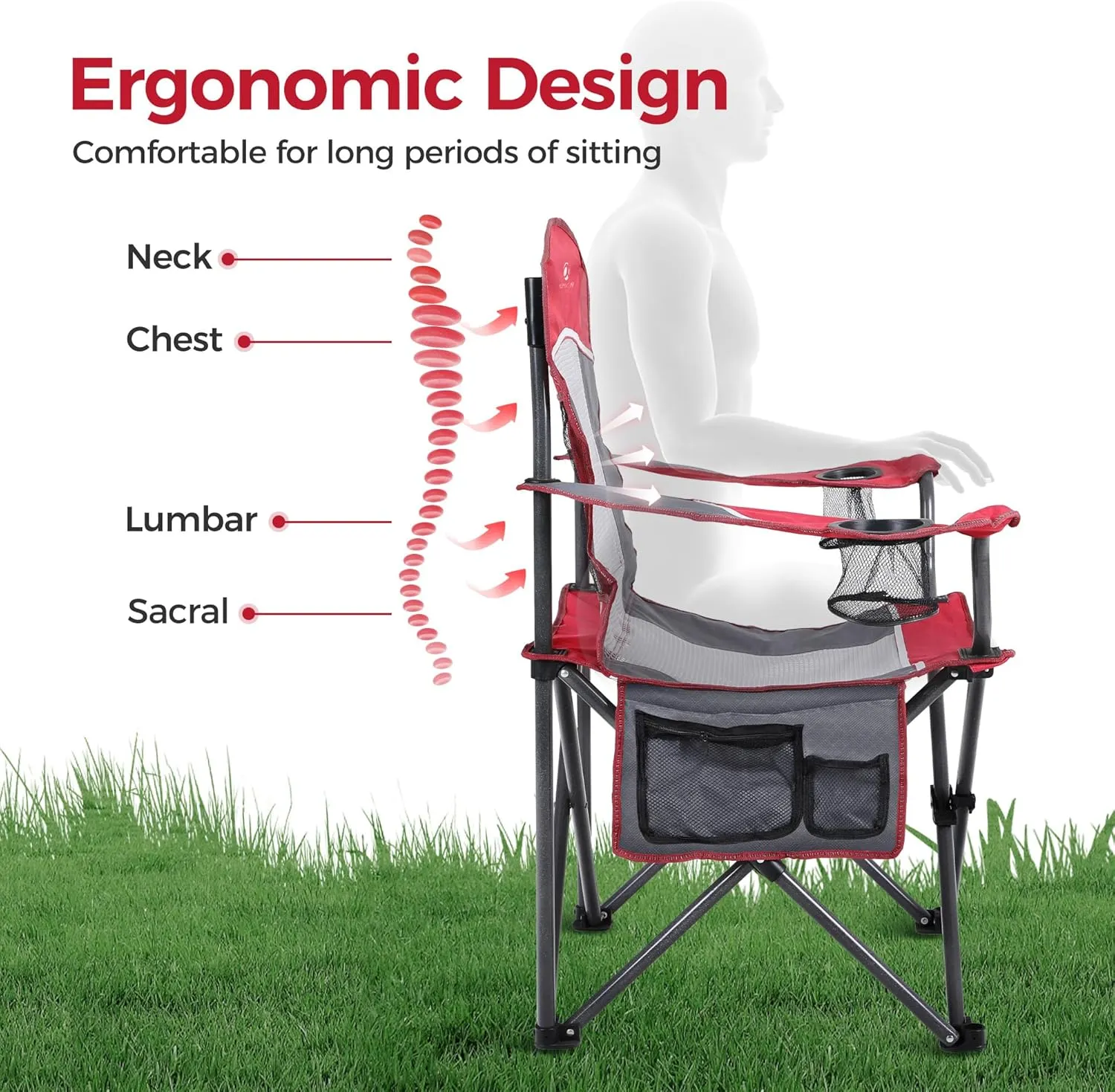 ALPHA CAMP 2PC Oversized Mesh Back Camping Folding Chair Heavy Duty Support 350 LBS Collapsible Steel Frame Quad Chair Padded Arm Chair with Cup Holder Portable for Outdoor (Red-2PC)