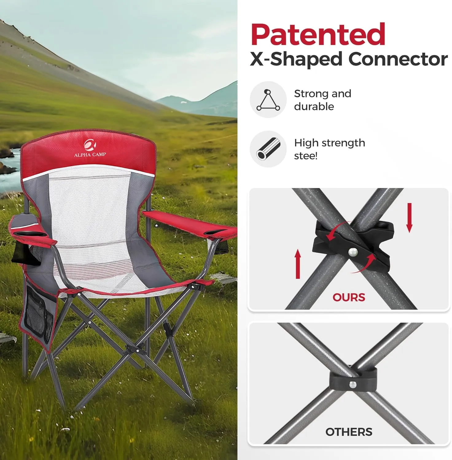 ALPHA CAMP 2PC Oversized Mesh Back Camping Folding Chair Heavy Duty Support 350 LBS Collapsible Steel Frame Quad Chair Padded Arm Chair with Cup Holder Portable for Outdoor (Red-2PC)