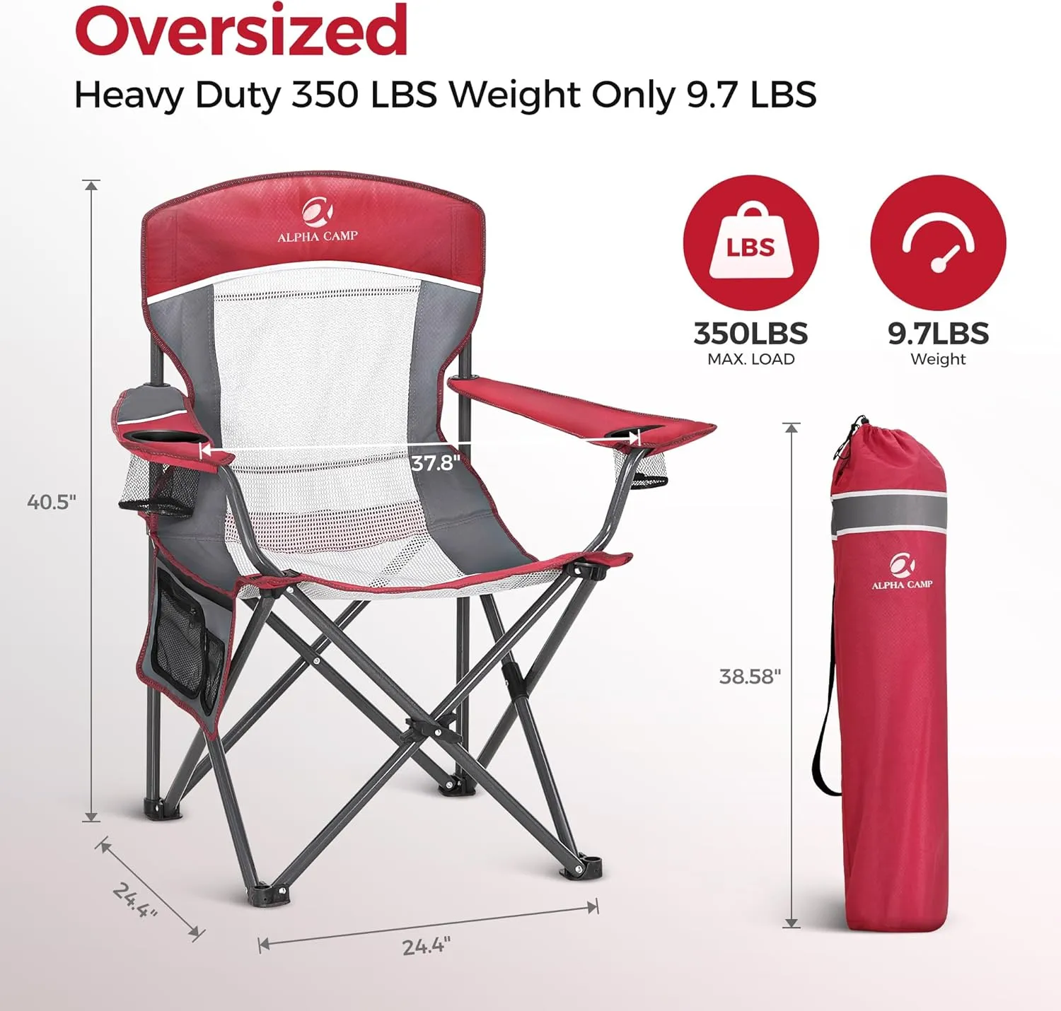 ALPHA CAMP 2PC Oversized Mesh Back Camping Folding Chair Heavy Duty Support 350 LBS Collapsible Steel Frame Quad Chair Padded Arm Chair with Cup Holder Portable for Outdoor (Red-2PC)