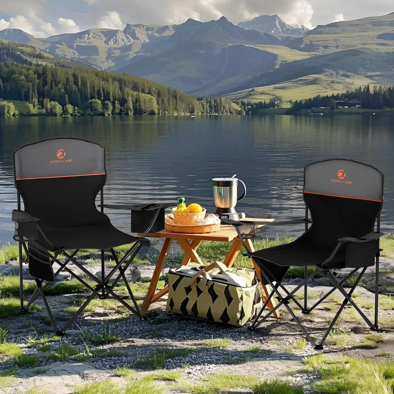 ALPHA CAMP Folding Camping Chairs for Adults Lawn Chairs Outdoor Chairs Support 225 LBS Portable Camp Chairs with Cup Holders Cooler Pouch for Outdoor, 2 Pack (Black)