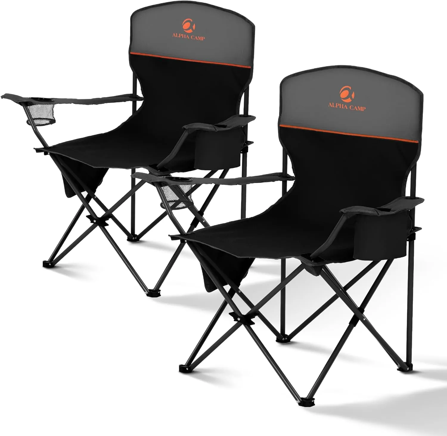ALPHA CAMP Folding Camping Chairs for Adults Lawn Chairs Outdoor Chairs Support 225 LBS Portable Camp Chairs with Cup Holders Cooler Pouch for Outdoor, 2 Pack (Black)