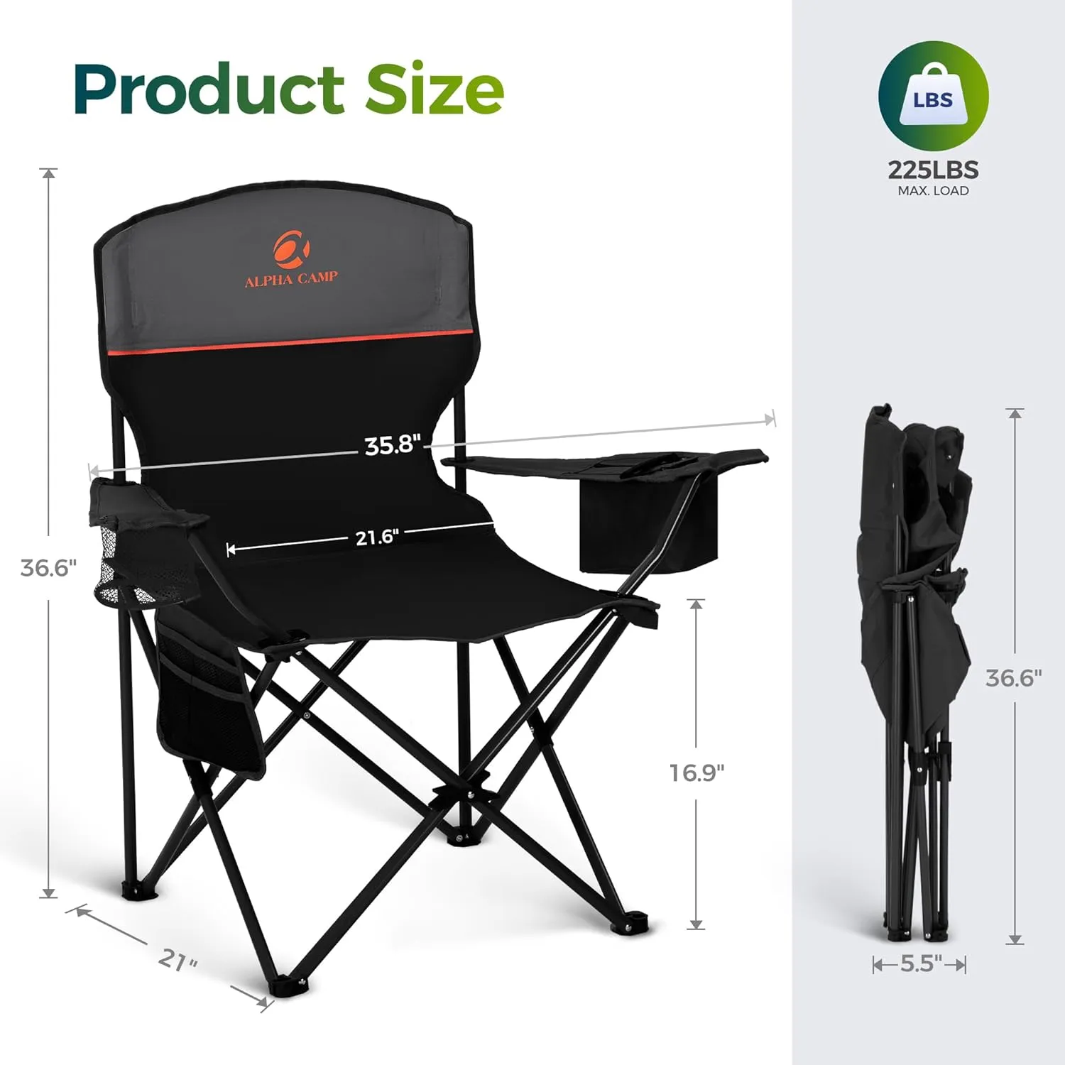 ALPHA CAMP Folding Camping Chairs for Adults Lawn Chairs Outdoor Chairs Support 225 LBS Portable Camp Chairs with Cup Holders Cooler Pouch for Outdoor, 2 Pack (Black)