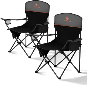 ALPHA CAMP Folding Camping Chairs for Adults Lawn Chairs Outdoor Chairs Support 225 LBS Portable Camp Chairs with Cup Holders Cooler Pouch for Outdoor, 2 Pack (Black)