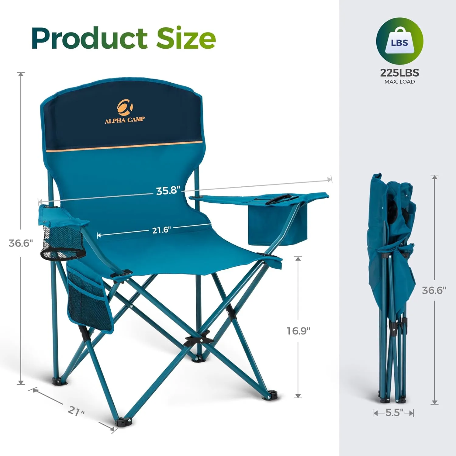 ALPHA CAMP Folding Camping Chairs for Adults Lawn Chairs Outdoor Chairs Support 225 LBS Portable Camp Chairs with Cup Holders Cooler Pouch for Outdoor, 2 Pack (Blue)